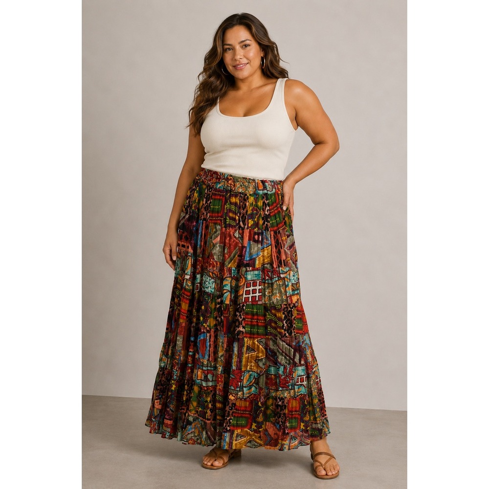 Phool Women Multicolor Patchwork Cotton Tiered Maxi Skirt Elastic Waist OS India